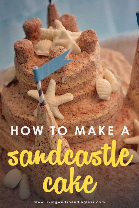 Looking for the cutest beach-themed birthday cake? Here's a super simple step-by-step tutorial on how to make a sandcastle cake that will be a show stopper. #diy #cake #sandcastlecake #caketutorial #birthdaycake #cutebirthdaycakes #beachparty #beachpartyideas #cakerecipes #easydiy #easycaketutorial Sand Birthday Cake, Castle Cake Diy, Sandcastle Cake, Sand Castle Cakes, How To Make Sand, Sand Cake, Cake Cute, Ocean Cakes, Beach Cakes