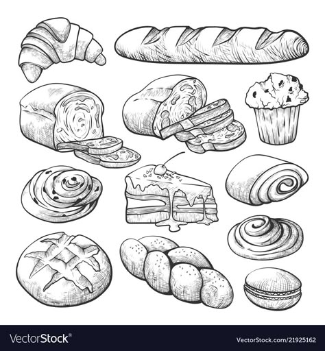 Food Drawing Sketches, Cake Sketch, Product Sketch, Vector Line Art, Food Doodles, Food Sketch, Line Art Illustration, Food Illustration Art, Vector Line