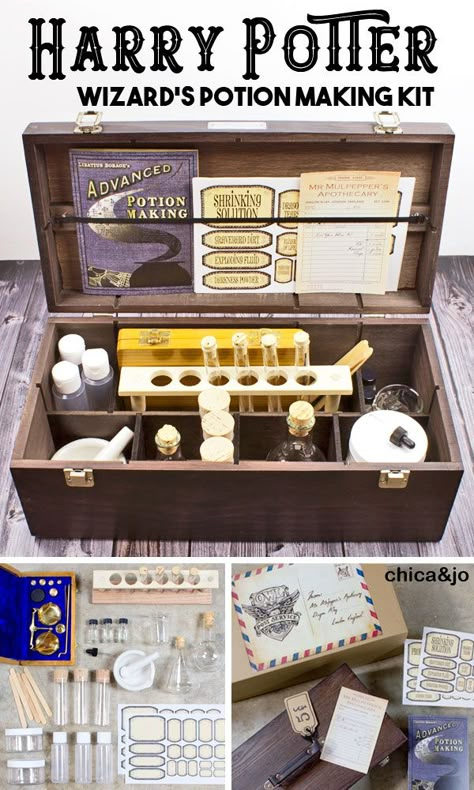 Make sure you are ready for Snape's Potions class with this kit straight from Mr. Mulpepper's shop in Diagon Alley. Every witch and wizard must have one of these before returning to Hogwarts for school. Kit includes labels, beakers, a scale, test tubes, Advanced Potion Making book with fun experiements, and more. #harrypotter #potionsclass Advanced Potion Making Book, Harry Potter Diy Decor, Harry Potter Potion Labels, Advanced Potion Making, Harry Potter Sleepover, Harry Potter Diy Crafts, Harry Potter Classes, Harry Potter Gifts Diy, Diy Harry Potter Crafts