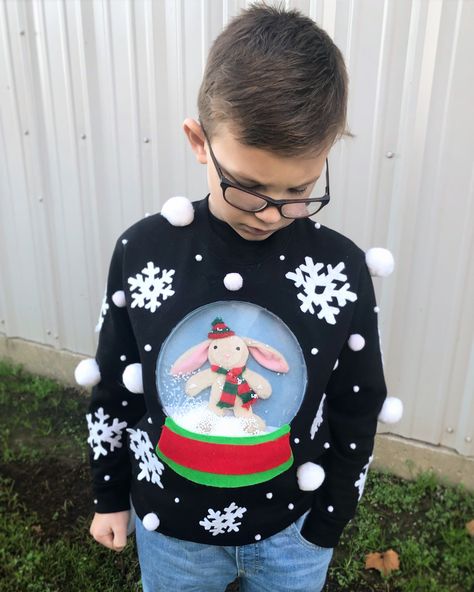 Tacky Christmas Sweater For Kids, Kids Christmas Ugly Sweater Ideas, Toddler Boy Ugly Christmas Sweater, Crazy Sweater Ideas For Kids, Ugly Sweater Boys Diy, Diy Snow Globe Sweater, Diy Ugly Xmas Sweater Kids, Snow Globe Christmas Sweater, Diy Toddler Ugly Christmas Sweater