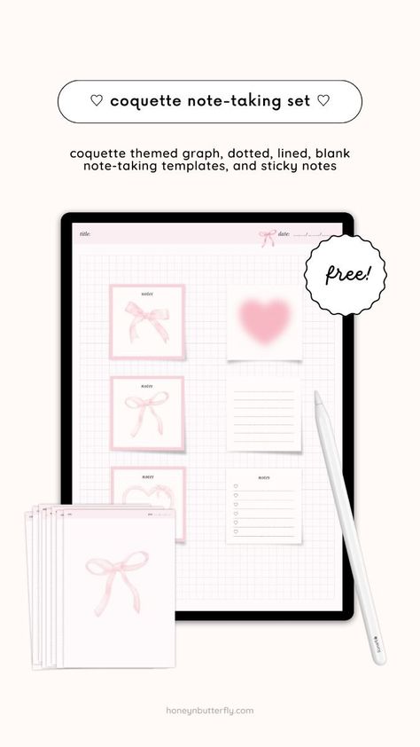 Coquette Digital Note-Taking Templates & Coquette Stickers �🎀 Free Digital Note Templates googleslidesplanner #yearlyplanner #freeplanners. Coquette Stickers, Digital Note Taking Pen, Digital Planner Ideas, Note Templates, Samsung Notes, Planner Writing, Free Planner Stickers, Ultimate Planner, Paper Planner