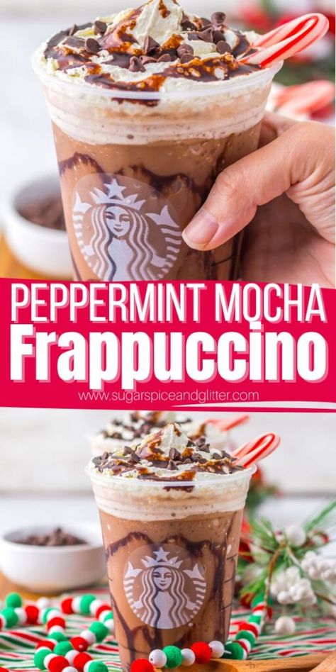 Copycat Starbucks Peppermint Mocha Frappuccino is perfect for entertaining during the holidays or a sweet treat to brighten up those dark winter mornings (or nights). It's a sweet minty, chocolatey frozen drink that can be customized to your personal preferences. Peppermint Frappuccino Recipe, Copycat Starbucks Peppermint Mocha, Frappuccino Base Recipe, Starbucks Peppermint Mocha Frappuccino, Peppermint Mocha Frappuccino Recipe, Starbucks Mocha Recipe, Starbucks Peppermint Drinks, Peppermint Frappe, Peppermint Mocha Starbucks