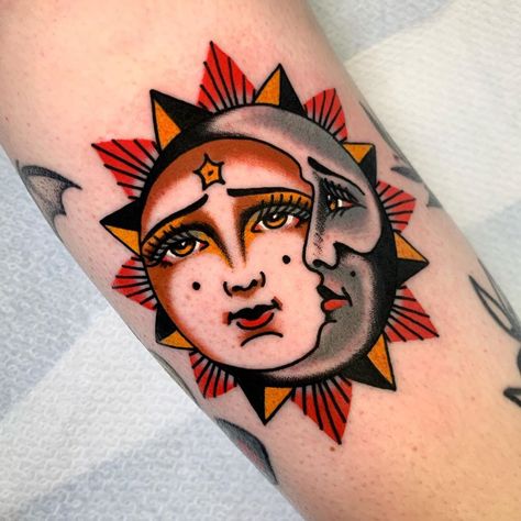 Woman And Sun Tattoo, Sun And Moon American Traditional Tattoo, Sun And Moon Traditional Tattoo, American Traditional Moon Tattoo, Sun Traditional Tattoo, Sun Tattoo Traditional, Traditional Sun And Moon Tattoo, American Traditional Sun Tattoo, Moon Traditional Tattoo