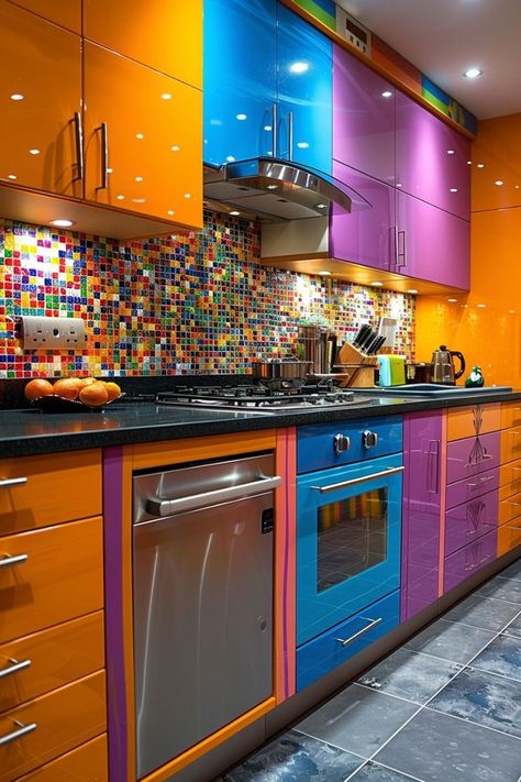 Kitchen Design Hacks, Funky Kitchens, Kitchen Palette, Colorful Kitchen Ideas, House Branding, Decorate Ideas, Rainbow Kitchen, Dream House Aesthetic, Modern Apartment Living Room