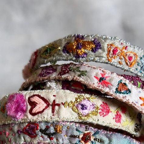 Fabric Cuff Bracelets Diy, Fabric Bracelets Diy, Cuff Bracelets Diy, Embroidered Sweaters, Fabric Cuff Bracelet, Whimsical Aesthetic, Embroidered Bracelet, Bracelets Collection, Apron Sewing Pattern