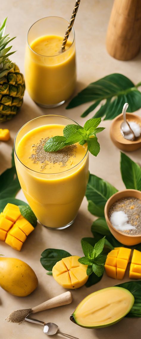 Bright and refreshing yellow smoothie featuring mango, banana, and ginger, garnished with mint and colorful citrus slices, set against a sunny garden backdrop. Smoothie Pics, Yellow Smoothie, Energy Boosting Smoothies, Citrus Slices, Feel Energized, Pre Workout, Natural Energy, Ripe Banana, Fresh Mint