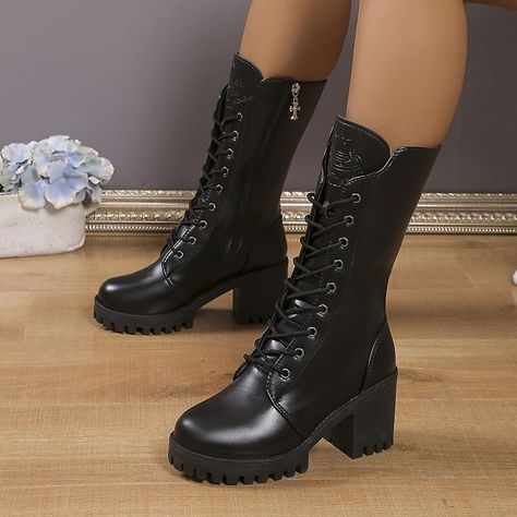 Women's Boots Combat Boots Motorcycle Boots Lace Up Boots Outdoor Work Daily Solid Color M Combat Boots Heels, Heel Combat Boots, Knee High Boots Winter, Vegan Leather Boots, Black Combat Boots, Motorcycle Boots, Calf Boots, Mid Calf Boots, Lace Boots