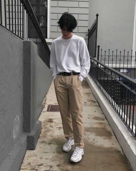 White Shoes Outfit Men Aesthetic, Flannel Pants Outfit Men, Cream Flannel Outfit, Cream Pants Outfit Men, Shirt And Pants Combinations For Men, White Shoes Outfit Men, Cream Pants Outfit, White Shoes Outfit, Korean Street Fashion Men