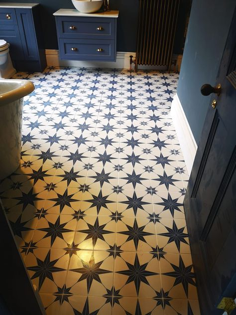 Master bathroom tiles. For more inspiration check out our Instagram account documenting our renovation and interior design journey @this_auld_house Bathroom Patterned Tiles, Bathroom Star Tile, Star Tile Bathroom, Pnw House, Star Tiles, Blue Tile Floor, Dark Blue Bathrooms, Blue Bathroom Tile, Restaurant Bathroom