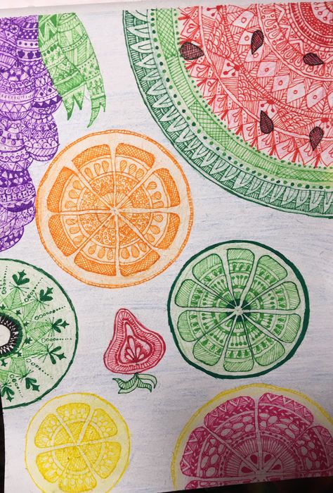 Fruit Mandala Art, Food Mandala Art, Fruity Drawings, Fruit Mandala, Small Flower Drawings, Orange Doodle, Ocean Art Painting, Whimsical Art Journal, Easy Mandala Drawing