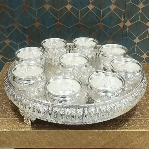 german silver tray with bowl set for snacks/sweets/housewarming pooja prasadam Snacks Tray, Designer Tray, Lakshmi Pooja, Brass Door Handle, Ice Cream Set, Diwali Decoration, Brass Door Handles, Silver Trays, Snack Tray