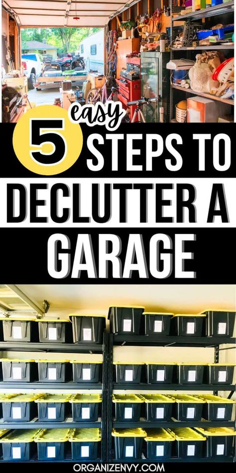 The best way to declutter and organize your garage takes just 5 steps from start to finish. For real! Follow this easy guide to decluttering your garage and you'll be organized in no time! Great garage storage ideas, too. Declutter Garage, Small Garage Organization, Garage Storage Plans, Easy Garage Storage, Garage Hacks, Garage Clutter, Garage Closet, Garage Organization Systems, Garage Storage Inspiration