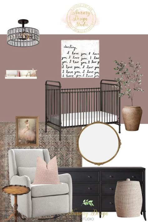 MADDIE'S NURSERY Dusty Pink Nursery Ideas, Baby Girl Nursery Mauve, Black Crib Nursery, Dusty Rose Nursery, Mauve Nursery, Nursery Dark Furniture, Pink Nurseries, Pink Nursery Ideas, Girly Nursery Ideas