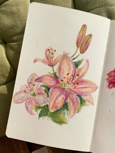 Pastel Reference, Drawings To Do With Oil Pastels, Pastel Coloring Drawing, Flower Colored Pencil, Flowers Pastel Drawing, Sketch Book Journals, Oil Pastel Over Watercolor, Flower Oil Pastel Drawing, Flowers With Oil Pastels