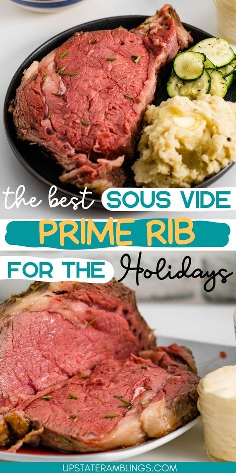 Sous Vide Prime Rib  for easy dinner Pinterest pin. Sous Vide Prime Rib, Sous Vide Ribeye, Prime Rib Roast Recipe, Cooking Prime Rib, Rib Roast Recipe, Prime Rib Recipe, Sous Vide Recipes, Prime Rib Roast, Sous Vide Cooking