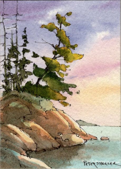 Fall Watercolor Landscape Easy, Line And Wash Watercolor Sketches, Watercolor Exercises, Cliff Ocean, Peter Sheeler, Watercolor Scenery, Watercolour Ideas, Watercolor Art Landscape, Watercolor Landscapes