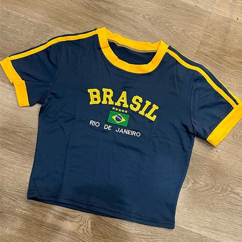 Brazil Crop Top Available for purchase! Brazil Shirt Aesthetic, Brazil Crop Top, Brazilian Tshirt, Brazil T Shirt Aesthetic, Brazil Shirt Outfit Girl, Brazil Top, Yellow Brazil Shirt, Brazil Shirt, Xmas List