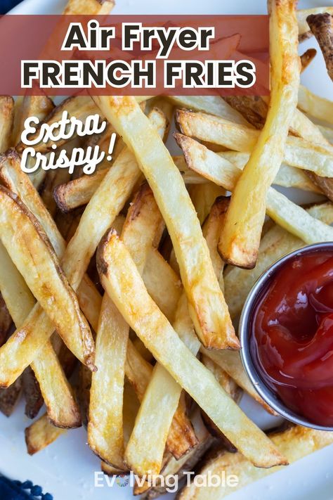 Turn your potatoes into crispy homemade French fries in no time with this easy air fryer recipe! It's easier than baking and tastes as good as deep-frying, but without the unhealthy oils! This vegan, gluten-free, and Whole30-friendly french fries recipe is sure to be a family favorite! Try it today! Homemade Air Fryer French Fries, Vegan Potatoes, Air Fry French Fries, Air Fryer Fries, Air Fry Potatoes, Fresh Cut Fries, Air Fryer French Fries, Homemade Fries, French Fries Recipe