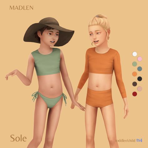 Two characters from The Sims 4 who are wearing bathing suits as their clothing. One sim is wearing a floppy hat. #TheSims4 The Sims 4 Pack, Sims 4 Toddler Clothes, Los Sims 4 Mods, Kids Maxi, Sims 4 Cc Kids Clothing, Free Sims 4, The Sims 4 Packs, Sims 4 Children, Sims 4 Mm Cc