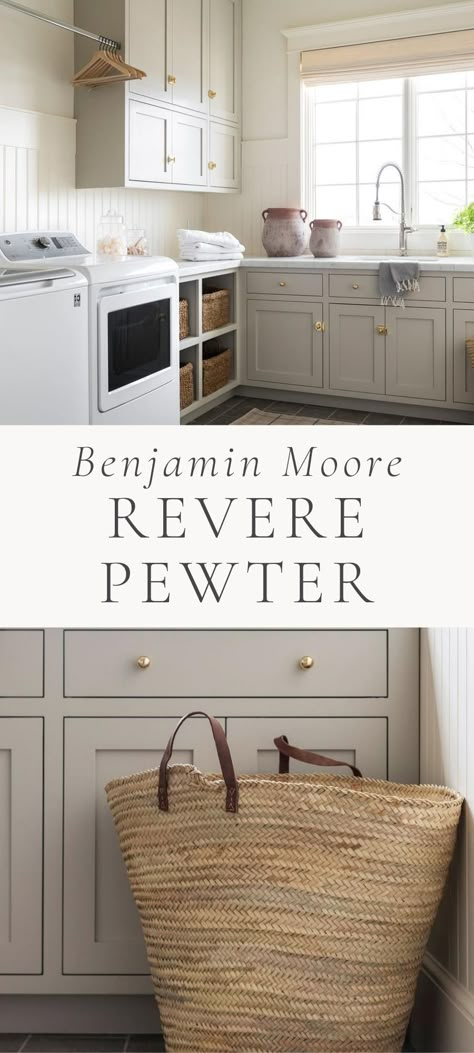 Revere Pewter With Gold Accents, Revere Pewter Kitchen, Neutral Kitchen Colors, Benjamin Moore Revere Pewter, Pewter Benjamin Moore, Benjamin Moore Kitchen, Greige Kitchen, Painting Trim White, Revere Pewter Benjamin Moore