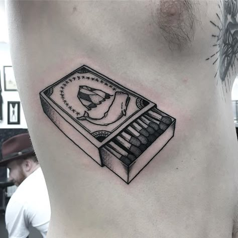 Book Of Matches Tattoo, Match Tattoo Traditional, Box Of Matches Tattoo, Matchbook Tattoo, Match Box Tattoo, Matchbox Tattoo, Eras Jacket, Matches Tattoo, Final Fantasy Tattoo