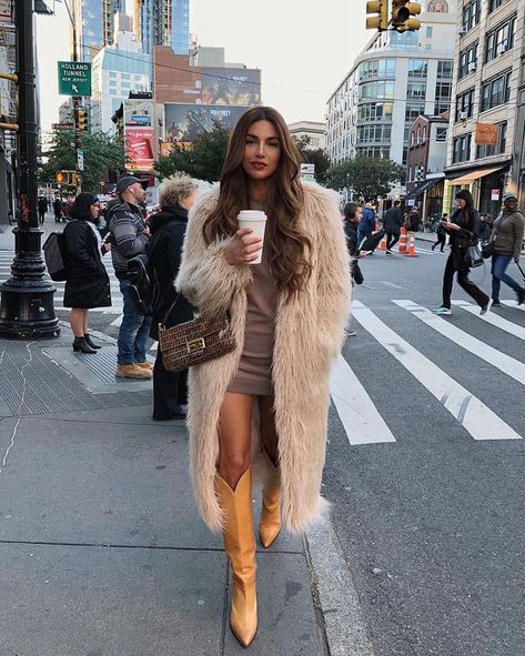 brown bodycon dress with a fur coat and yellow boots. Visit Daily Dress Me at dailydressme.com for more inspiration                   women's fashion 2018, fall fashion, casual outfits, boots, knee high boots, fur coats, long coats, mini dresses, midi dresses, street style, NY street style, Winter Dressing, Winter Mode Outfits, Autumn Chic, Negin Mirsalehi, Best Winter Coats, 30 Outfits, Fall Staples, Autumn Clothes, Chrissy Teigen