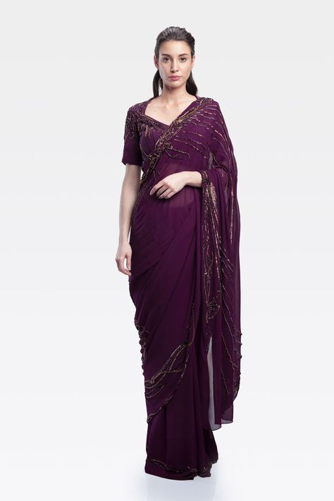 Solid Colour Saree, Gaurav Gupta, Grape Wine, South Asian Wedding, Bugle Beads, South Asian, Asian Wedding, Traditional Dress, Indian Style