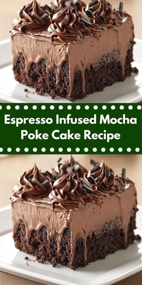 Craving a delightful dessert? This Espresso Infused Mocha Poke Cake Recipe is a chocolate lover’s dream. It's rich and flavorful, making it a perfect sweet treat for family gatherings or special occasions. Mocha Poke Cake, Chocolate Layer Dessert, Chocolate Espresso Cake, Espresso Cake, Poke Cake Recipe, Coffee Flavors, Mocha Cake, Chocolate And Coffee, Poke Cake Recipes