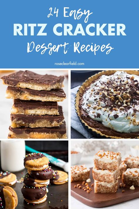 A round-up of 24 dessert recipes featuring Ritz crackers! There are lots of classic no-bake chocolate peanut butter treats as well as recipes for cookies, bars, cakes, pies, cheesecake, and ice cream sandwiches. The perfect easy sweet and salty desserts! #desserts #easydesserts #dessertrecipes #Ritzcrackers Ritz Cracker Recipes Snacks, Ritz Cracker Dessert, Peanut Butter Treats, Cracker Dessert, Salty Desserts, Ritz Cracker Recipes, Peanut Butter Crackers, Easy Dessert Recipes Christmas, Mini Dessert Recipes