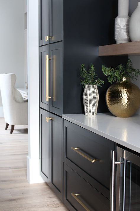 The Forest Modern, Oak Floating Shelves, Butlers Pantry, Gold Kitchen, Butler's Pantry, Built In Cabinets, Black Cabinets, Diy Interior, Black Kitchens