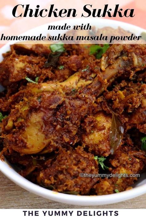 close-up of mangalorean chicken sukka in a white bowl. Chicken Sukka, Rice And Dal, Neer Dosa, Quick Recipe Videos, Pan Chicken Recipes, Indian Chicken Recipes, Favorite Recipes Chicken, Mutton Recipes, Chicken Pieces