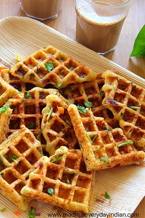 Rava Waffles | Savory Semolina Waffles - Madhu's Everyday Indian Waffles Savory, Savoury Waffles, Semolina Recipes, Savory Waffle Recipe, Semolina Recipe, Waffle Recipe Healthy, Brunch Ideas For A Crowd, Simple Breakfast Recipes, Easy Healthy Breakfast Recipes