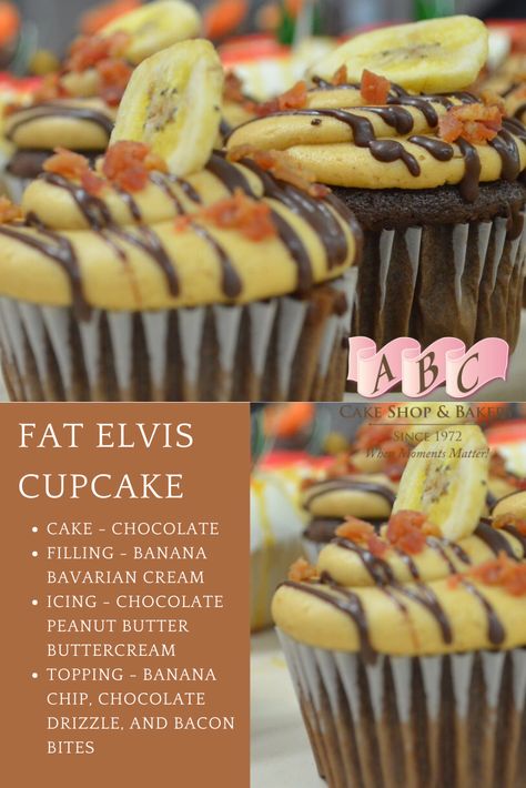 This delectable cupcake flavor is inspired by "The King" Elvis Presley. Cupcake combination is Chocolate Cake, Banana Bavarian Cream Filling, Chocolate Peanut Butter Buttercream Icing, and topped with Banana Chip and Bacon Bits. Elvis Presley Party Food Ideas, Elvis Presley Cupcakes, Elvis Desserts, Elvis Party Ideas Decoration, Cupcake Flavor Combinations, Elvis Party Ideas, Cake Flavors And Fillings Combinations, Elvis Cupcakes, Filled Cakes