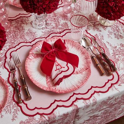 Toile Tablecloth, Pink Christmas Table, Pink Placemats, Bamboo Cutlery, Pink Napkins, Party Setup, Dinner Party Table, Christmas Tablecloth, Valentine Dinner