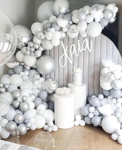 DIY Baby Shower Ideas for Girls | HubPages Grey Birthday Party Decorations, Grey Balloon Garland, White Party Decorations, 18th Birthday Decorations, Idee Babyshower, Grey Baby Shower, White Baby Showers, 21st Birthday Decorations, Silver Balloon