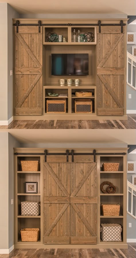 Visit our showroom in Stoney Creek to see a beautiful piece similar to this from Magnussen Home Furnishings! We feature a barn door entertainment unit in a charcoal finish on our floor. Barn Door Projects, Basement Makeover, Interior Barn Doors, Barn Doors Sliding, Country Home Decor, Barn Doors, My New Room, Entertainment Center, Rustic Home Decor