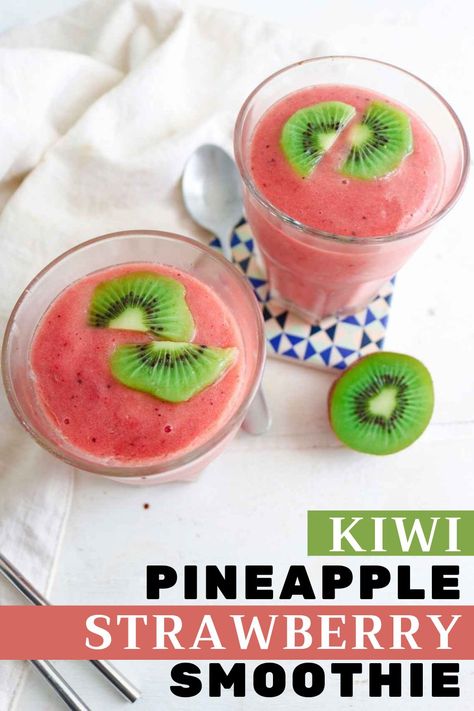 Quench your summer thirst with this refreshing Kiwi Pineapple Strawberry Smoothie. Packed with tropical flavors, it's the perfect treat to cool down on a hot day. Indulge in the sweet blend of ripe kiwis, tangy pineapples, and juicy strawberries. This smoothie recipe is a delightful way to savor the flavors of summer while staying hydrated. Give it a try and enjoy the refreshing burst of fruity goodness! Pineapple Kiwi Smoothie, Watermelon Kiwi Smoothie, Smoothie With Kiwi, Strawberry Kiwi Smoothie Recipe, Summer Smoothie Recipes, Kiwi Drink, Kiwi Smoothie Recipes, Strawberry Kiwi Smoothie, Cantaloupe Smoothie