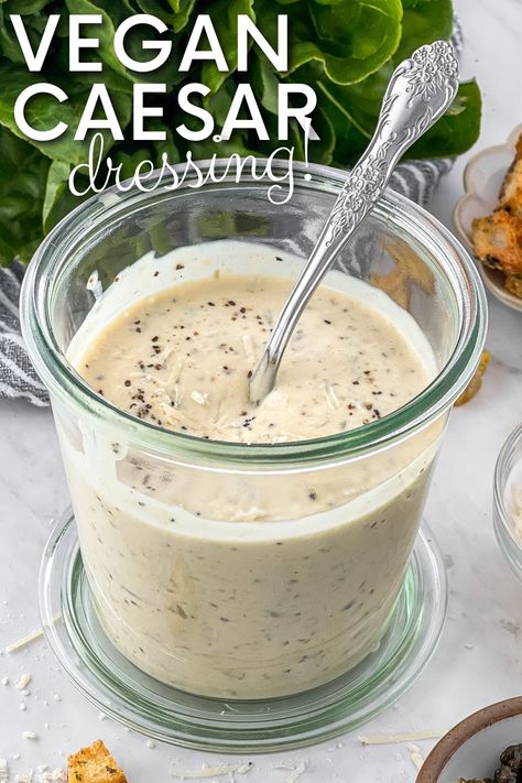 It takes just 5 minutes to make this super creamy and delicious caesar dressing. All the authentic flavors but no eggs. no anchovies and no dairy needed! #vegancaesardressing Vegan Ceasar Dressing, Vegan Ceasar Salad, Vegan Caesar Salad Dressing, Ceasar Dressing, Anchovy Paste, Caesar Salad Dressing Recipe, Vegan Caesar Dressing, Caesar Dressing Recipe, Vegan Caesar Salad