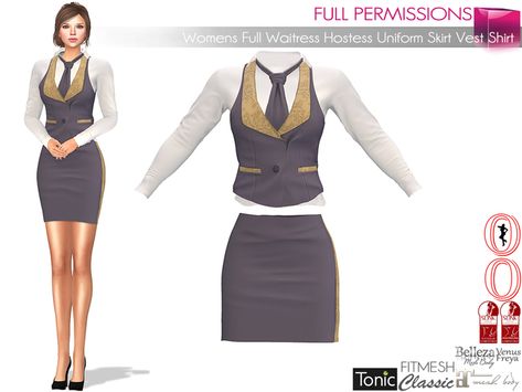 Second Life Marketplace - WEEKENDSALE FULL PERM Womens Full Waitress Hostess Uniform Skirt Vest Shirt Maitreya, Slink, Ocacin Voluptuous, Classic Cut Blazer Outfit, Cute Waitress Outfit, Hostess Uniform, Waitress Outfit, Waitress Uniform, Waiter Uniform, Super Club, Black Dress Shirt, Uniform Skirt