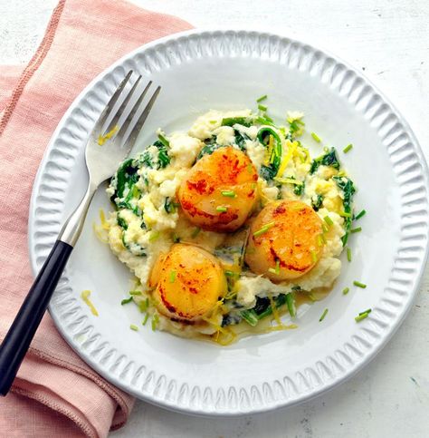 Seared Scallops with Lemony Potatoes Cooking Scallops, Yukon Gold Mashed Potatoes, How To Cook Scallops, Seared Scallops, Giant Food, Scallops Seared, Shrimp Dishes, Seafood Dinner, Entree Recipes