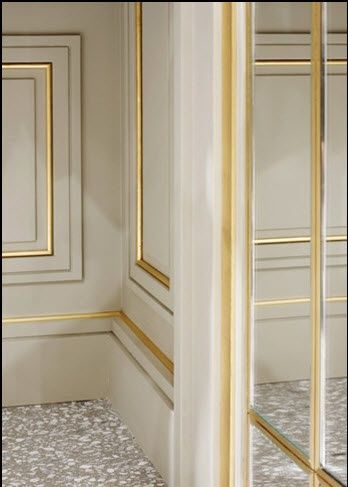 Beautiful wall paneling: gold moulding on off white wall Gold Wainscoting, Joseph Dirand, 아파��트 인테리어, Wall Molding, Cool Ideas, Classic Decor, Classic Interior, Wainscoting, Beautiful Wall