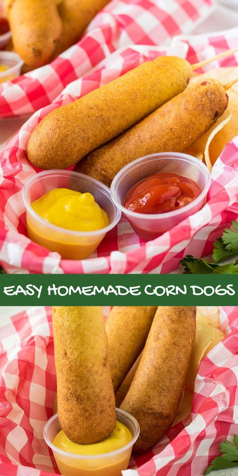 Homemade corn dogs let you enjoy this classic county fair favorite all year long at home. Kids and adults both love this fun corn dog recipe and will gladly gobble them up anytime you serve them. Easy to make and so much more delicious than frozen corn dogs! #corndogs #homemaderecipe #homemadecorndogs Homemade Corndogs Easy, Home Made Corn Dogs, Homemade Corn Dogs, Carnival Foods, Corn Dog Recipe, Hot Dog Chili Sauce, Homemade Corndogs, Prepper Pantry, Corndog Recipe