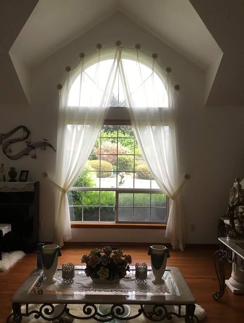 Curtains For Oval Windows, Curtain On Arched Window, Curtains For Round Windows, Curtains For Round Top Windows, Arched Window Curtain Ideas, Arched Window Bedroom, Curtains Over Half Moon Window, Curtains On Arched Windows, Curtains For Half Moon Windows