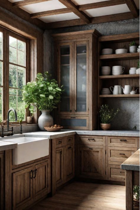 Farmhouse kitchen with white cabinets, wooden countertops, and shiplap walls Rustic Charm Kitchen, Mountain Kitchen Design Ideas, Rustic Farmhouse Cabinets, Rustic Shaker Cabinets Kitchen, Rustic Moody Kitchen, Modern English Tudor Interior Design, Rustic Modern Kitchen Cabinets, Warm Wood Cabinets Kitchen, Walnut Kitchen Cabinets Farmhouse