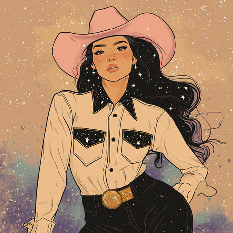 Cowgirl Space in Pink Hat Cowgirl Oc Art, Cowgirl Code, Colorful Cowgirl, Space Cowgirl, Space Painting, Cowgirl Aesthetic, Ship Drawing, Pony Club, Vintage Cowgirl