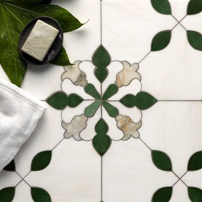 Snow White, Calacatta Green, E1620 Polished Esme Waterjet Marble Mosaic 13 3/4×13 3/4 | Country Floors of America LLC. Calacatta Green, Marble Waterjet, Waterjet Marble, Mosaic Backsplash, Floral Tiles, Granite Tile, Mosaic Flooring, Green Tile, Bathroom Floor Tiles