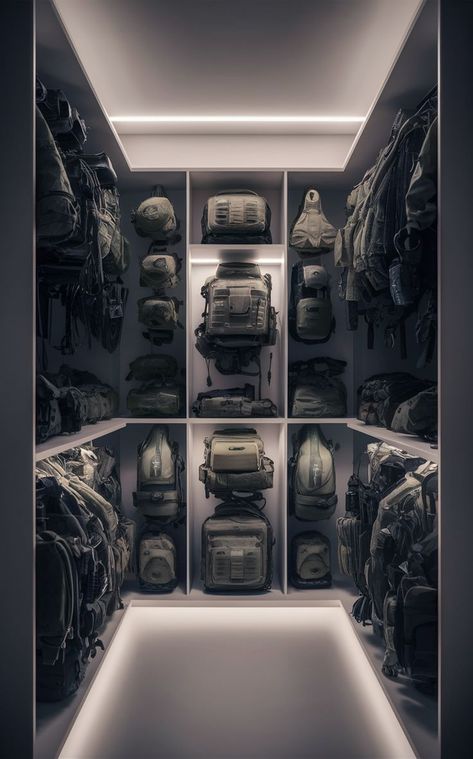 Streamline your closet with minimalist military gear organization strategies. 🎯 These tactical storage ideas will help you declutter and optimize your space, ensuring your tactical gear storage is both functional and stylish. #MilitaryGearOrganization #TacticalStorageIdeas #MinimalistCloset Military Gear Organization, Tactical Room, Gear Organization, Tactical Gear Storage, Indoor Shooting Range, Gear Room, Garage Design Interior, Tactical Life, Gear Storage