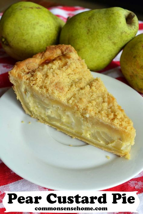 This pear custard pie combines creamy custard and golden brown streusel topping for a delicious treat. The old fashioned flavor is sure to please. Serve it plain, or top with vanilla ice cream or a dollop of whipped cream. Pear Custard Pie Recipe, Pear Custard, Pear Pie Recipe, Custard Pie Recipe, Pear Pie, Dinner Party Desserts, Sliced Pears, Pear Recipes, Custard Pie