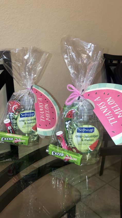 Watermelon Theme Party Favors, Diy Work Gifts, Watermelon Teacher Appreciation Gift, Summer Appreciation Gifts, Teacher Party Favors, One In A Melon Gift Basket, All Things Strawberry, School Staff Birthday Ideas, Fruit Party Favors