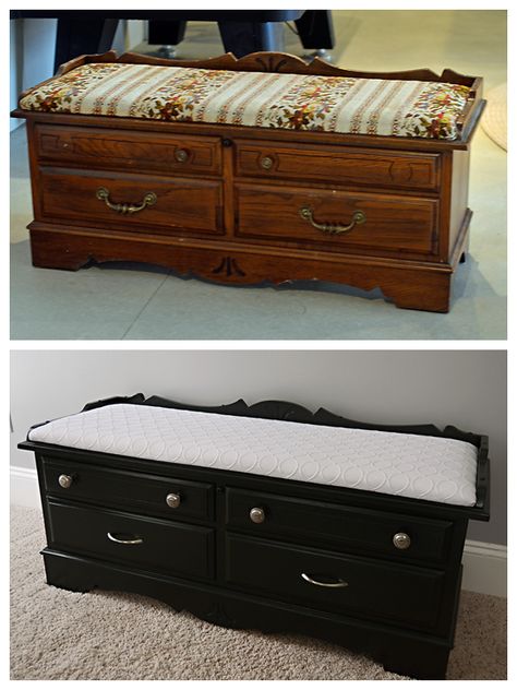 Cedar chest makeover; no sanding involved! Used Zinsser Cover Stain Primer (latex-based), covered with a latex-based paint Cedar Chest Makeover, Hope Chest Makeover, Cedar Chest Redo, Furniture Remodel, Bed Seat, Chest Makeover, Hope Chests, Decorated Furniture, Dresser Bench